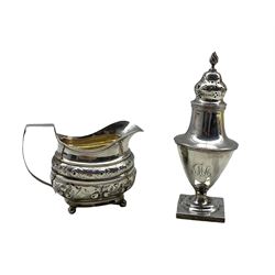 George III silver cream jug with embossed flowers, angular handle and ball feet Exeter 1818 Maker Simon Levy and a late Victorian silver vase shape sugar caster Chester 1899 8.3oz