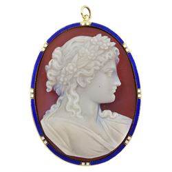 19th century gold carved agate cameo pendant/brooch, depicting a Classical lady with floral headpiece, set in a blue and white enamel border