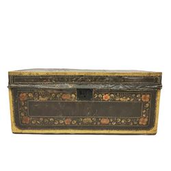 19th century Chinese export camphor wood chest, with Chinese floral decoration and brass edges, the hinged lid opening to reveal plain camphor interior W89cm, H40cm, D46cm
