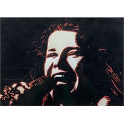 Pete (Peter) Marsh (British 1945-): Janis Joplin, mixed media on board signed and dated '83, 29cm x 41cm