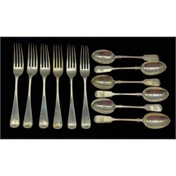 Set of six silver dessert forks initialled AMG Sheffield 1903 maker C W Fletcher and a set of six silver fiddle pattern tea spoons initialled JMG London 1902 Maker Goldsmiths and Silversmiths Co. 15.3oz