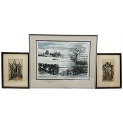 George Guest (British 1939-): 'Winter Afternoon', limited edition colour lithograph signed and numbered 110/250 in pencil; Isobel Gardner (Scottish 20th century): 'Haddington's Entry' and 'The Assembly Rooms' Edinburgh, pair watercolours signed and dated '67 max 32cm x 46cm (3)