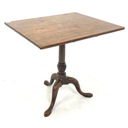 George III mahogany square tilt top occasional table, raised on turned column and triple splay supports 