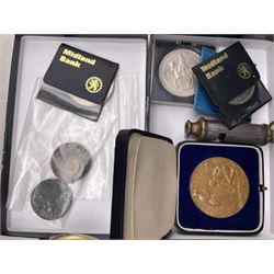 Two armorial plaques, Montine wristwatch, coins, WWI war medal named to 'R 16861 PTE. A. REDFEARN. K. R. RIF. C.', silver mounted swagger stick etc, housed in a hinged top box and a soapstone vase