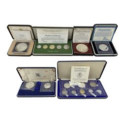 Republic of Seychelles Independence eight coin proof set, dated 1976, from one cent to ten rupee, 'Fifth Anniversary of Independence 10 July 1973' silver ten dollar coin, Commonwealth of the Bahamas ten dollar 'Independence Day Coin' dated 1975, Seychelles five and 10 rupees proof set, dated 1974 and Turks and Caicos Islands ten crown sterling silver coin, dated 1979, The National Coinage of Ethiopia five coin proof set, dated 1977, all cased, mostly with certificates (6)