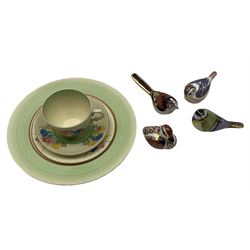 Four Royal Crown Derby bird paperweights, including a Great Tit and Long Tailed Tit, all with gold stoppers, Clarice Cliff Crocus pattern teacup, saucer, tea plate and plate 