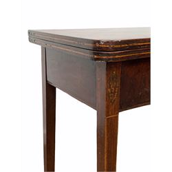 George III mahogany inlaid Trafalgar fold over tea table, raised on square tapered supports W91cm