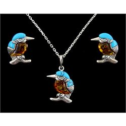 Silver Baltic amber and turquoise kingfisher pendant with matching pair of stud earrings, stamped 925
