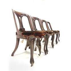 Set four Victorian mahogany balloon back dining chairs, with scroll carved detail, raised on cabriole supports terminating in brass castors, W47cm