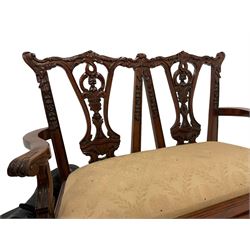 Miniature Chippendale design mahogany double seat, pierced and carved back decorated with bell-flowers, scrolls and acanthus leaves, raised on cabriole supports with ball and claw feet