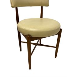 Victor B Wilkins for G-Plan - mid-20th century circular teak extending dining table; and set six matching teak dining chairs, back and seats upholstered in cream leather, on tapered supports united by cross stretcher