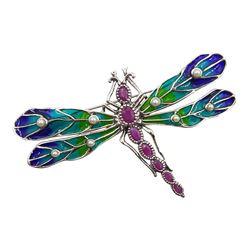 Silver plique-a-jour and ruby dragonfly brooch