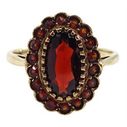 9ct gold oval and round garnet cluster ring, hallmarked 