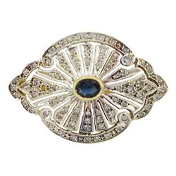 18ct yellow and white gold oval sapphire and milgrain set diamond openwork brooch, hallmarked 