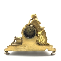  19th century gilt bronze figural mantel clock, white enamel dial with Roman numeral chapter ring, twin spring movement striking hammer on bell, movement stamped 'R. Bouvier, Bruxelles, 1067', W49cm, (missing bell)  