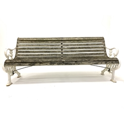 White painted cast iron and wooden slatted garden bench, W191cm, H84cm, D75cm