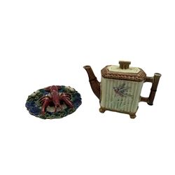 Palissy style majolica lobster wall plaque together with majolica teapot of bamboo form with bird decoration on side panel (2)