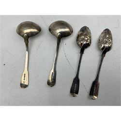 Pair of George III silver fiddle pattern sauce ladles London 1808 Maker Richard Crossley and George Smith and a pair of silver dessert spoons with later decoration, gilded berry bowls and engraved stems London1831 Maker William Eaton 6.5oz