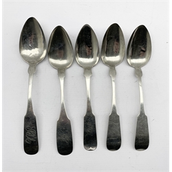 Five 19th century  American coin silver/white metal spoons comprising a pair of fiddle pattern table spoons by Newell Harding and three others by makers Leach & Bradley, Utica, Rogers & Cole and Hoard & Co. 6oz