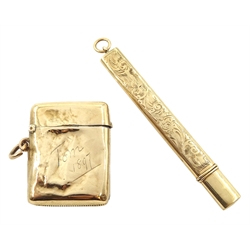 9ct gold pencil holder, engraved leaf and initialled decoration by E Baker & Son, Chester 1921 and a 9ct gold vesta case, with engraved initial by Henry Matthews, Birmingham 1896, approx 19.7gm