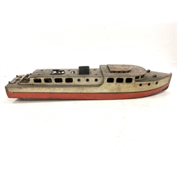 Wooden built steam powered river launch/cabin cruiser, possibly by Bassett Lowke, with removeable decking, red and white livery, L127cm, circa 1930s/40s