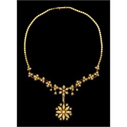 Edwardian 15ct gold floral pearl and split pearl necklace, stamped 15, suspending a detachable flower pendant