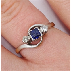 Gold square cut sapphire and round old cut diamond three stone ring, stamped Plat 18ct