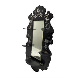 Victorian papier mache wall mirror with folding wall brackets and shell inlay, H56.5cm 