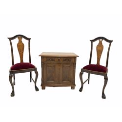 Continental walnut side cabinet, fitted with one drawer over two cupboard doors, raised on block supports (W75cm) together with a pair of Continental walnut high back dining chairs, with drop in seat pads raised on paw carved front supports (W49cm)