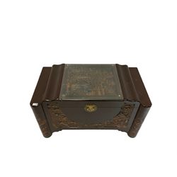 Camphor wood coffer with Chinese carvings, opening to reveal interior fitted with one internal tray 