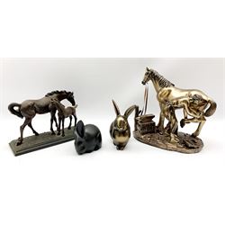 Bronzed resin figure of  a horse and blacksmith 16cm x 26cm, another of a mare and foal and two rabbits (4)