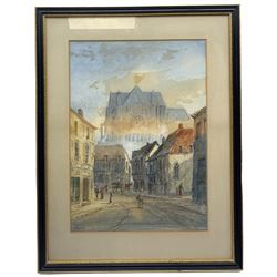 E Lewis (British 19th century): Street Scene of Reims with view of Cathedral, watercolour signed 38cm x 27cm