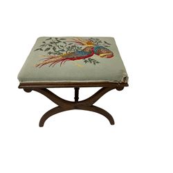 19th century rosewood stool, tapestry cross-stitch seat with golden pheasant and foliage decoration, raised on curved X-frame base with ring turned stretcher