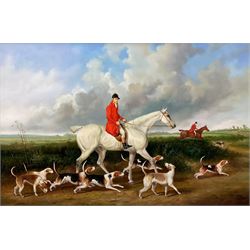 After Benjamin Lander (American 1842-1915): Fox Hunting Scene with Grey Hunter Horse and Hounds , oil on panel signed 39cm x 59cm