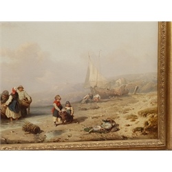 Friedrich Fritz Hildebrandt (German 1819-1885): Fishermen and Children Unloading on the Shore, oil on canvas signed and dated 1846, 38cm x 57cm