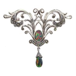 Silver opal and marcasite brooch, stamped 925