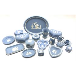 Collection of Wedgwood Jasperware to include a miniature tea for one, oval plate, six various shaped trinket boxes and covers and other Jasperware 