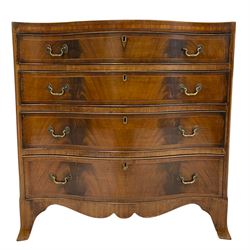 George III style mahogany serpentine chest, satinwood frieze band over four graduating drawers, shaped apron with splayed bracket feet