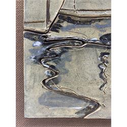 Burley pottery, Hampshire, studio pottery tile picture depicting a seaside town, mounted in pine frame, H54cm x W38cm