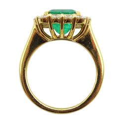 18ct gold emerald and diamond cluster ring, hallmarked, emerald approx 2.80 carat, total diamond weight approx 1.20 carat