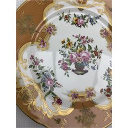 William IV Rockingham porcelain cabinet plate c.1831–1842, centrally painted with a basket of flowers within shaped reserve, on burt orange ground, printed marks beneath 'Rockingham Works Brameld Manufacturer to the King', D26.5cm 