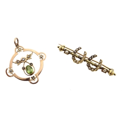 Victorian 18ct gold spilt seed pearl double horse shoe brooch and an Edwardian 9ct rose gold peridot and seed pearl pendant