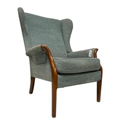 Parker Knoll - 'Froxfield' fireside wingback armchair, upholstered in pale teal fabric, on tapering supports