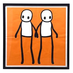 Stik (British 1979-): 'Holding Hands' offset lithograph poster, published in the Hackney Today Newspaper, London, framed 52.5cm x 52.5cm overall