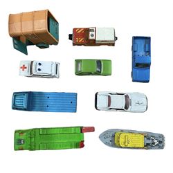 Collection of diecast vehicles and models including Matchbox Super Kings K-65 Plymouth Trail Duster, Dinky Air Sea Rescue Launch, Corgi Pickup, Corgi Vigilant Range Rover and others in one box
