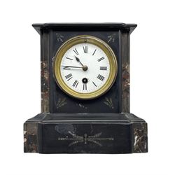 A French late 19th century 8-day timepiece mantle clock in a flat-topped Belgium slate case with variegated contrasting marble panels and incised decoration, with a white enamel dial with Roman numerals, minute markers and steel spade hands, cast brass bezel and flat bevelled glass. No pendulum.


