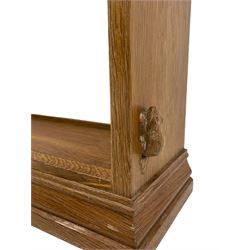 'Beaverman' oak open bookcase, rectangular top over pegged shelves, carved with beaver signature, moulded skirt, by Colin Almack of Sutton-under-Whitestonecliffe