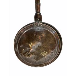 19th century copper warming pan with floral engraved decoration and riveted base, L128cm 