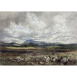 Emily Nicholson (British fl.1842-1869): Crows and Sheep in a Moorland Landscape, watercolour signed and dated 1853, 33cm x 48cm