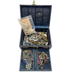 Victorian and later costume jewellery including a Ruskin type brooch, charm bracelet, glass beaded necklace, brass heart shaped locket, silver chains, Southport Women's Union St. League badge etc, with a small jewellery box 